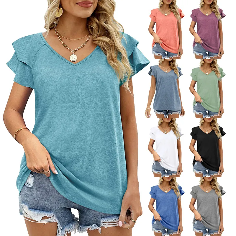 Realfine Summer T Shirts 3033 V-Neck Cotton Ruffle Shirts Puff Sleeve T-Shirts For Women Size S-XL