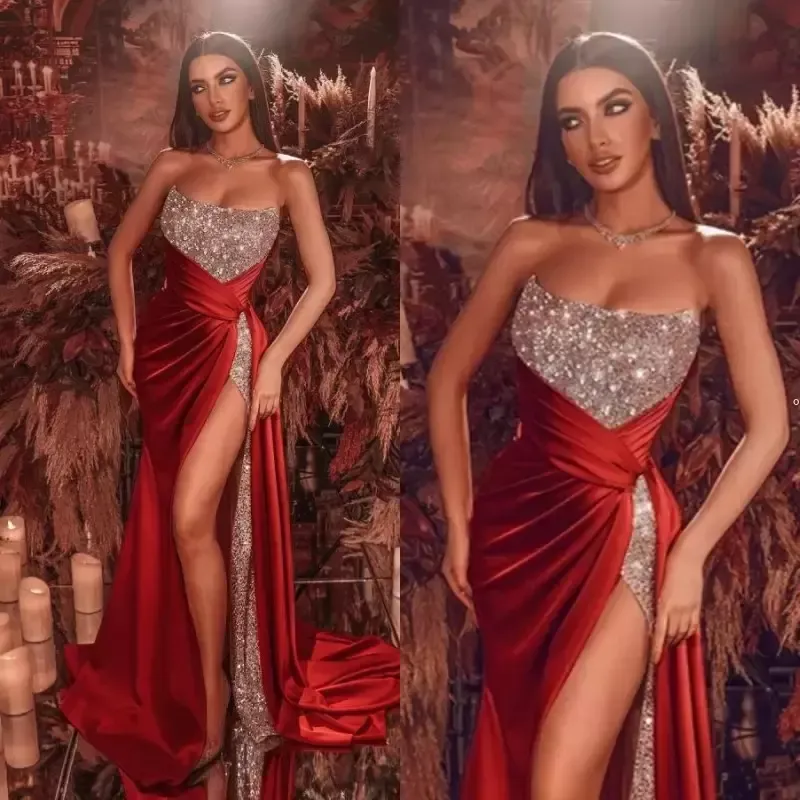 Robe de soirée sirène rouge, sans manches, paillettes scintillantes, Sexy, fendue sur le côté, robe de bal, grande taille