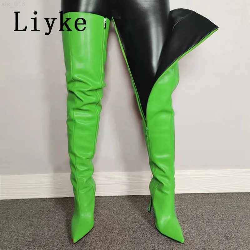 Liyke 2022 무릎 허벅지 하이 부츠의 새로운 녹색 가죽 여성 섹시한 뾰족한 발가락 지퍼 11.5cm 나이트 클럽 스트리퍼 Shoest220718