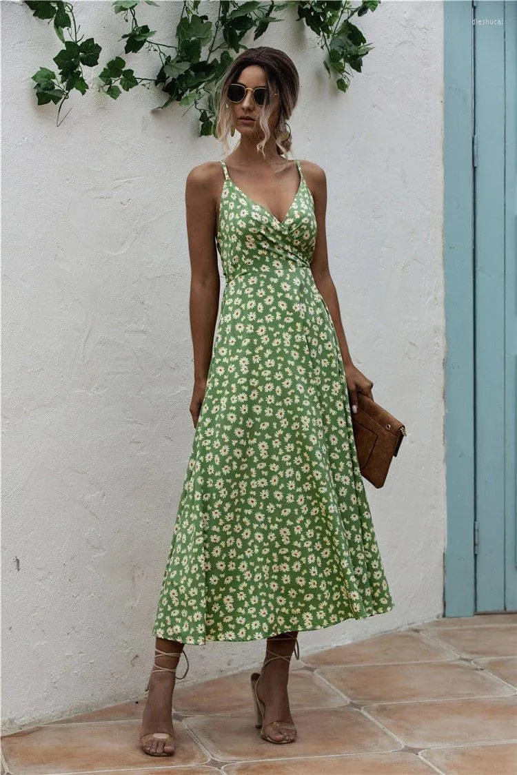 Casual Dresses Summer 2022 Elegant Floral Print Women Dress Suspenders V-neck Midi Backless Cross Beach Sundresses Holiday Vintage