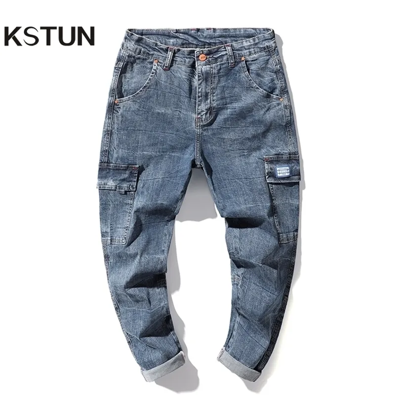 Harem Jeans Men Cargo Pants Spring and Summer Stretch Light Blue Loose Fit MultiPockets Casaul Denim Pants Soft Plus Size 42 40 T200614