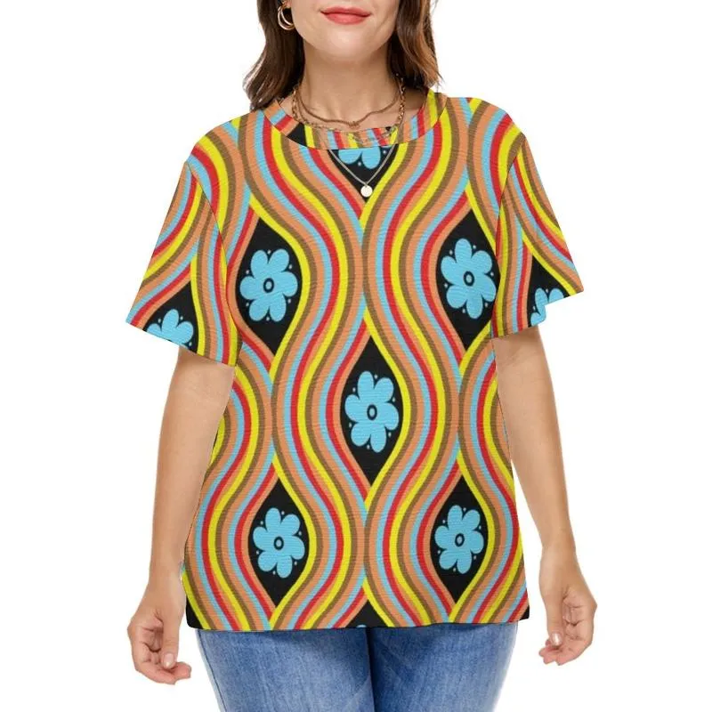 Kvinnors plus-storlek t-shirt retro hippie t skjortor bohemian blommor power street mode kort ärm harajuku tees 5xl 6xl strand toppswomen's
