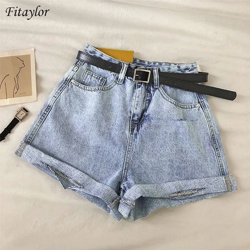 Fitaylor Nieuwe Summer Women Vintage Wide Leg Hole Denim shorts met riem Casual vrouwelijke losse vaste kleur blauw jeans shorts 210306