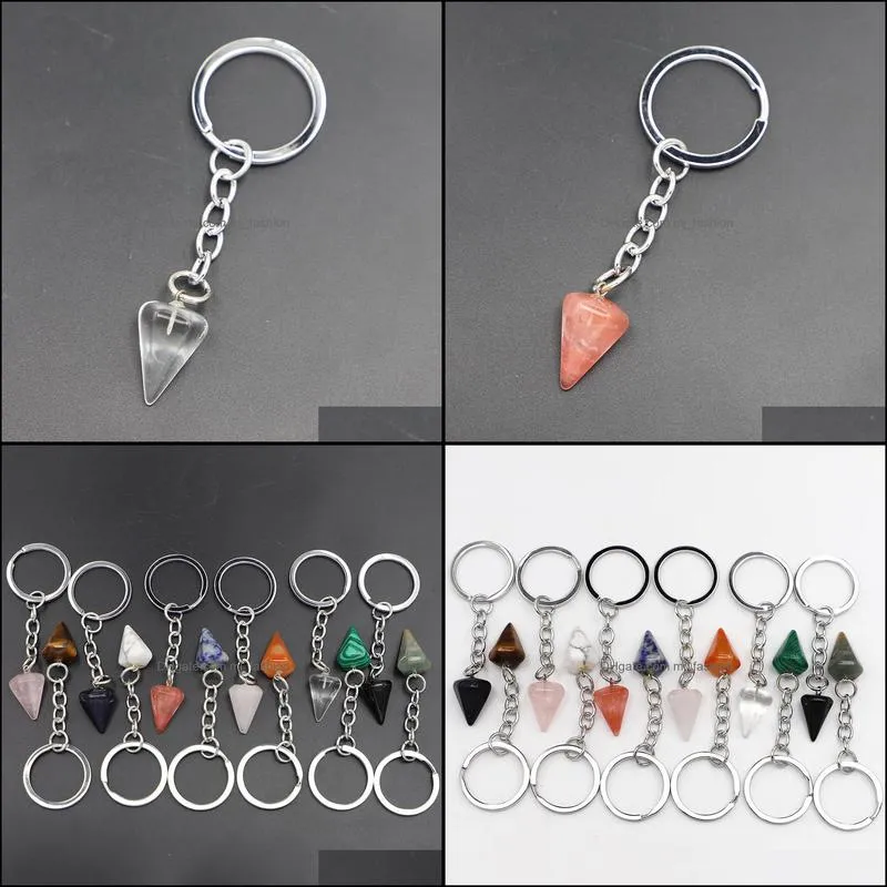 natural stone key rings polygonal cone column women crystal rose quartz keychain on bag car jewelry party friends gift mjfashion