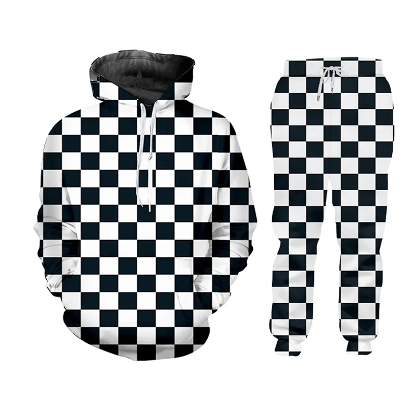 UJWI Plaid noir et blanc Damier Casual Streetwear Sweat-shirt et pantalon Crewneck Sweat à capuche Pulls Hommes Femmes Survêtement LJ201125