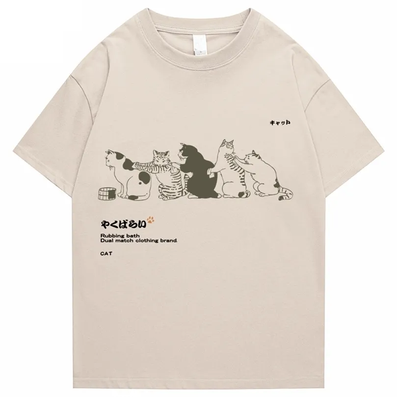 남자 힙합 티셔츠 스트리트웨어 일본 칸지하라 주쿠 재미 고양이 tshirt 여름 짧은 소매 티 탑 티즈면 프린트 Tshirts 220601