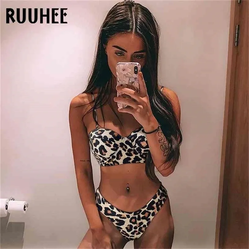 Ruuhee Women Swimsuit Bikini Push Up badkläder Bandage Bikinis Set Padded Bathing Suit Leaf Print Biquini Maillot de 210407