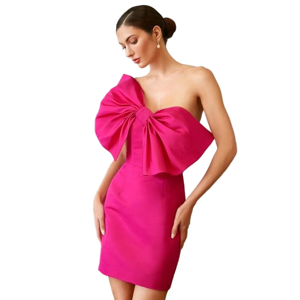 Fuchsia Satin Fuchsia Cocktail Dress with Detachable Bow - Sweetheart Neckline for Prom, Parties, and Special Occasions