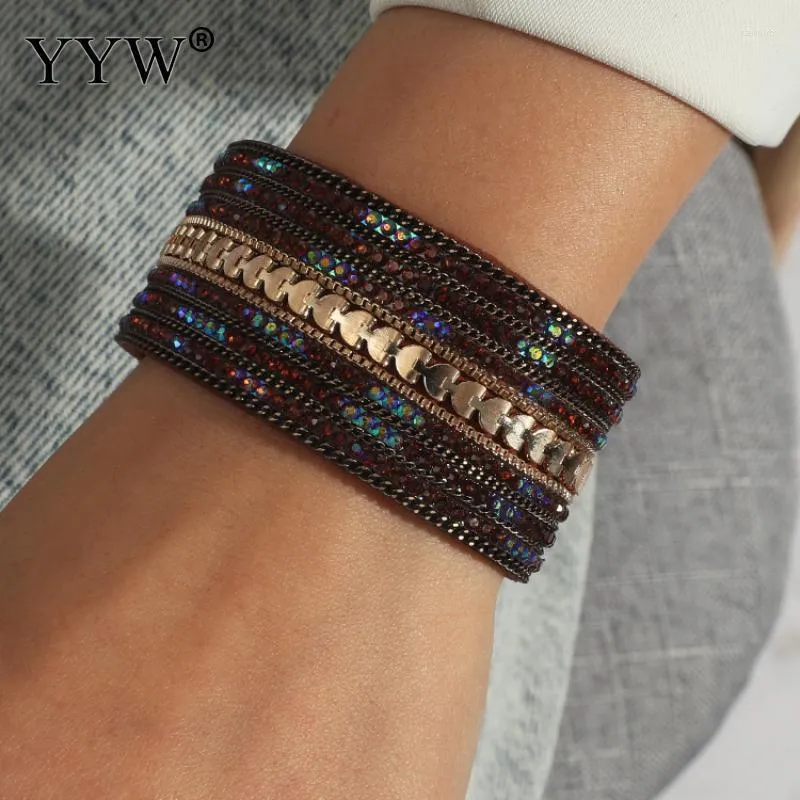 Link Chain Multilayer Wrap PU Leather Woman Bracelets With Rhinestone Boho Wide Braided Magnetic Buckle Bracelet Femme Pulsera Fawn22