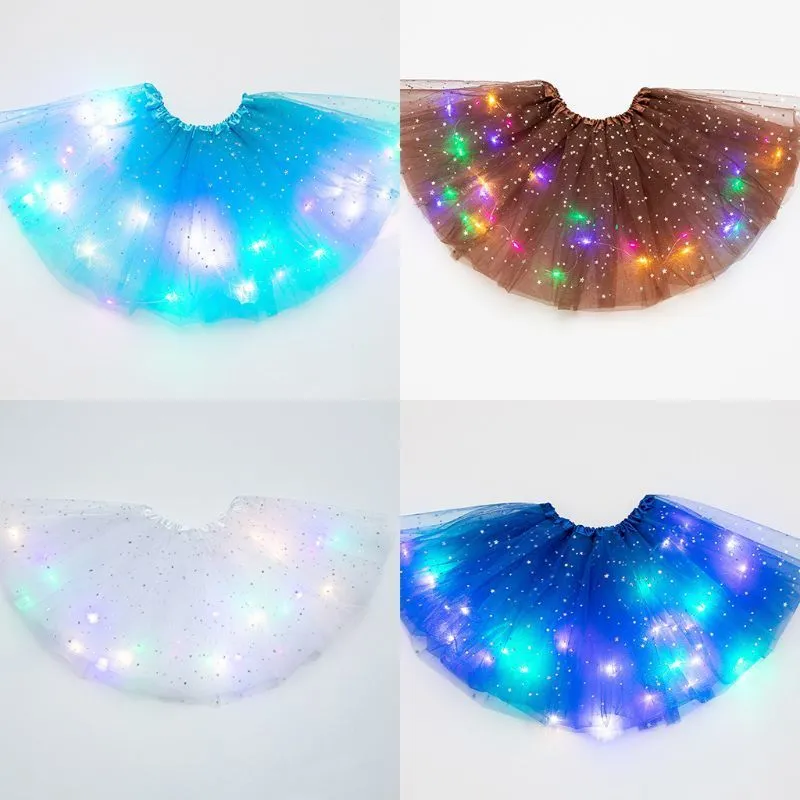 Women Girls Kids Neon LED Tutu Skirt Party Stage Dance Wear Pleated Layered Tulle Light Up Short Dress Wings for 3-12 years old 220423