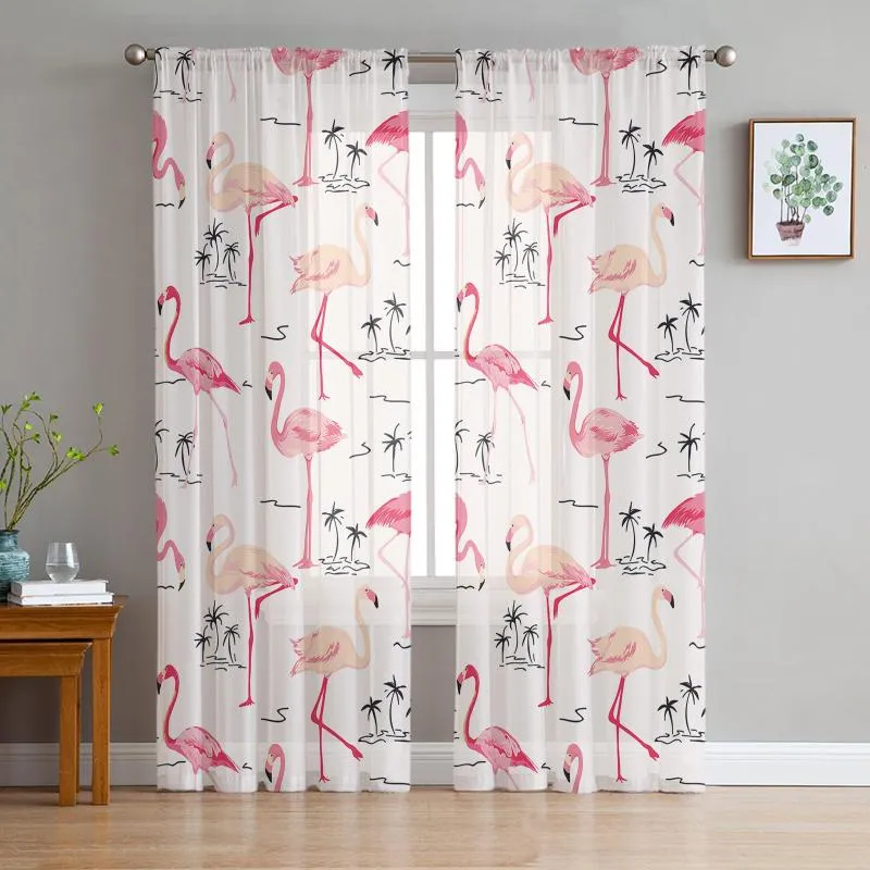 Curtain & Drapes Pink Flamingo Tropical Plant Tulle Curtains For Living Room Window Sheer Modern Bedroom DecorCurtain