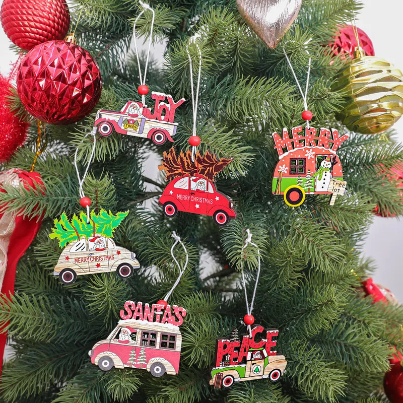 3pcsset auto di Natale pendenti in legno albero di Natale appeso ornamenti fai da te artigianato in legno regalo per bambini Noel decorazione accessori per la casa Y201020