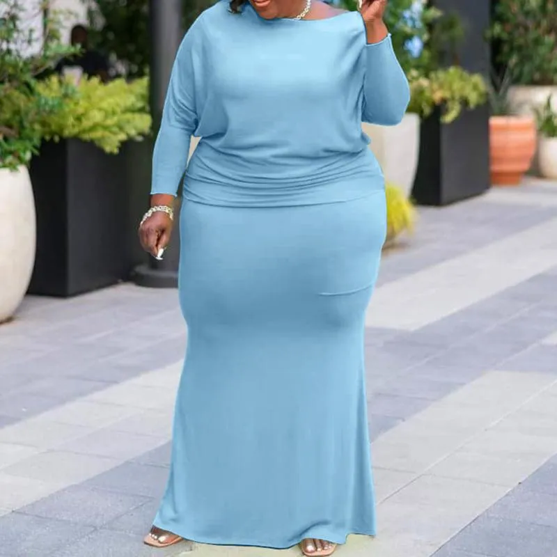 Robes de grande taille femmes vêtements bleu couleur unie à manches longues surdimensionné femme automne automne Streetwear élégant soirée tenue décontractée