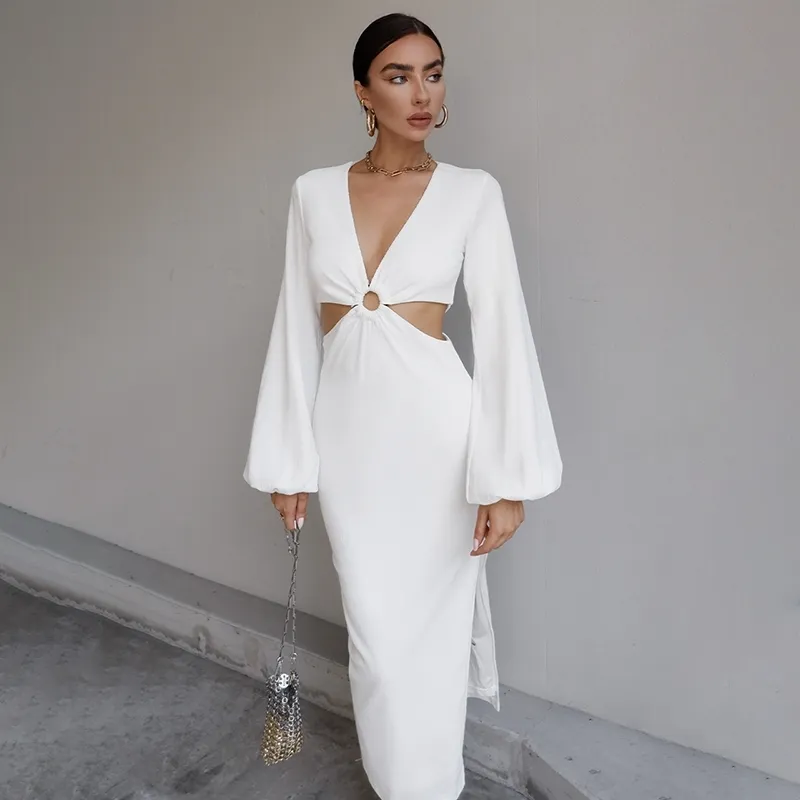 Robe d'été blanche pour femmes, tenue de soirée élégante, manches lanternes, Slim, sans taille, Sexy, longue, noire, Maxi, W220421