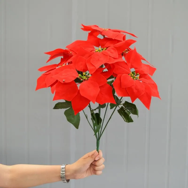 Couronnes de fleurs décoratives Real Touch flanelle artificielle Noël rouge Poinsettia buissons Bouquets ornements d'arbre de Noël pièce maîtresse décorative