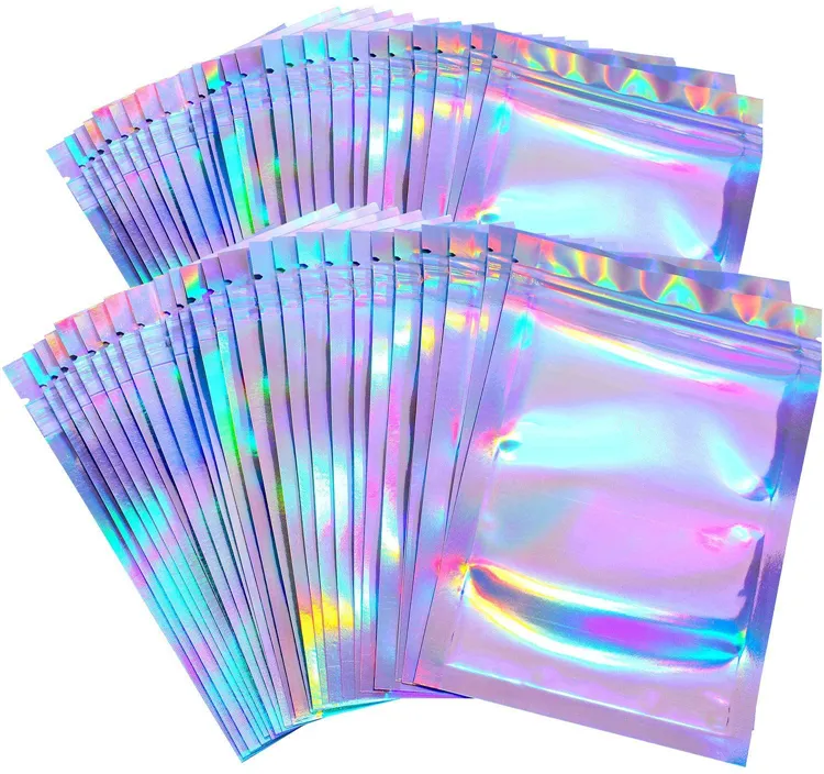 200 pièces sacs refermables anti-odeurs sac de poche en aluminium plat couleur laser sac d'emballage pour faveur de fête stockage des aliments couleur holographique ZC1193
