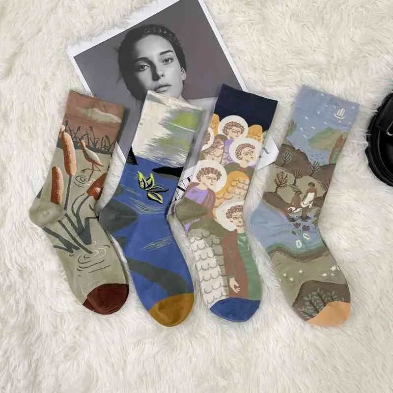 Designer Runner Sock Calzini in cotone pettinato da uomo e da donna Calze di seta colorate Pittura a olio Stampa Cartone animato Ritratto creativo Piante Animali Astratti