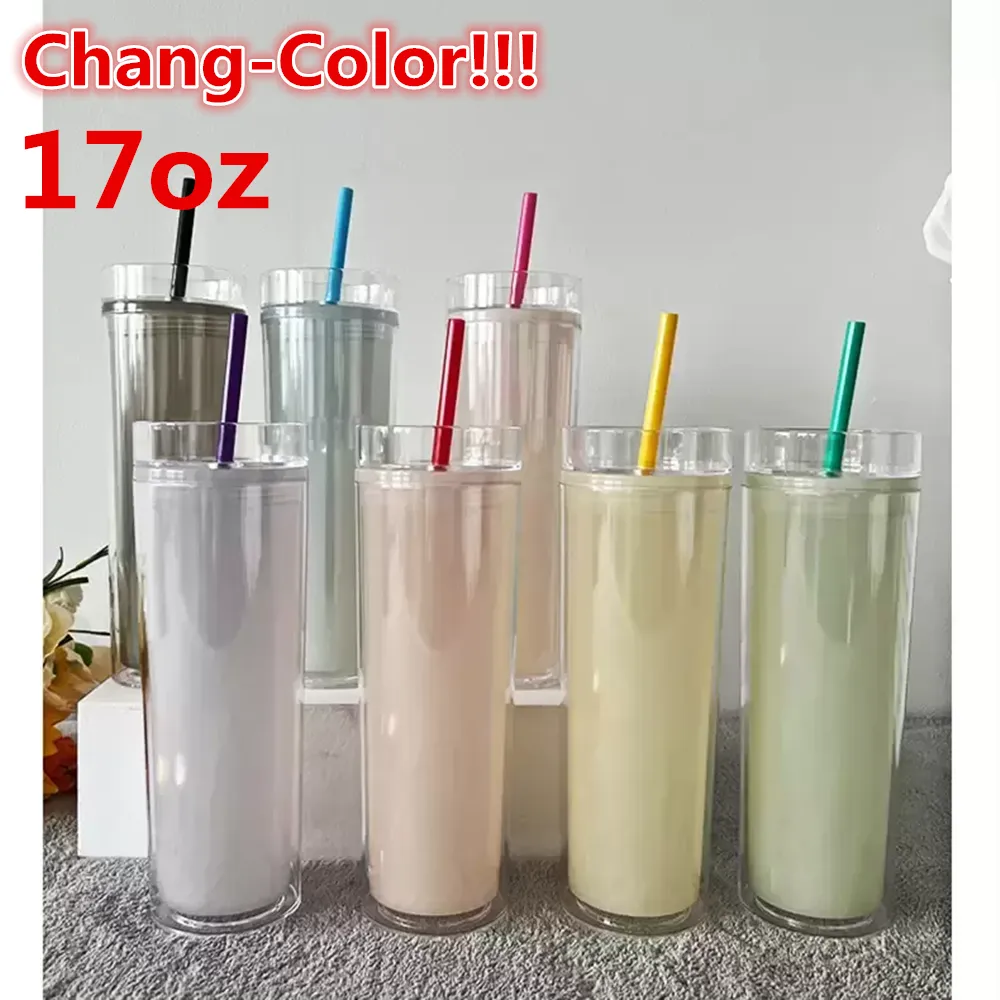 Nya 17 oz Chang-färg Akryl Tumbler Cold PS Cups Travel Mugg dubbelväggvattenflaskor med lock och halm snabb leverans