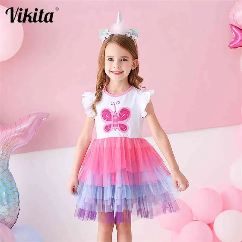 Vikita Kids Vestido de verão para garotas Tolders Princess Dress Girls Butterfly Tutu Dresses Faculdades Festa de Aniversário Vestidos em camadas 210329