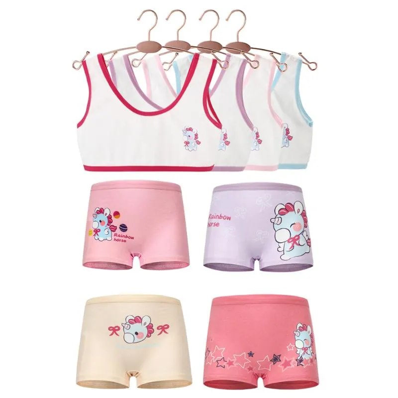 Panties 4 Pcs Pure Cotton Children Underwear Set Girls Pink Vest Bra Tank Kids Crop Tops Boxer Brief Child Girl Pants 2-12 Years