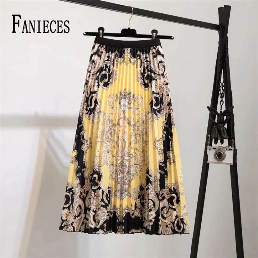 패션 하이 허리 Pleated Harajuku Skirts 여름 유럽의 꽃을위한 여름 유럽 꽃 중간 송아지 치마 Faldas Larga 220322