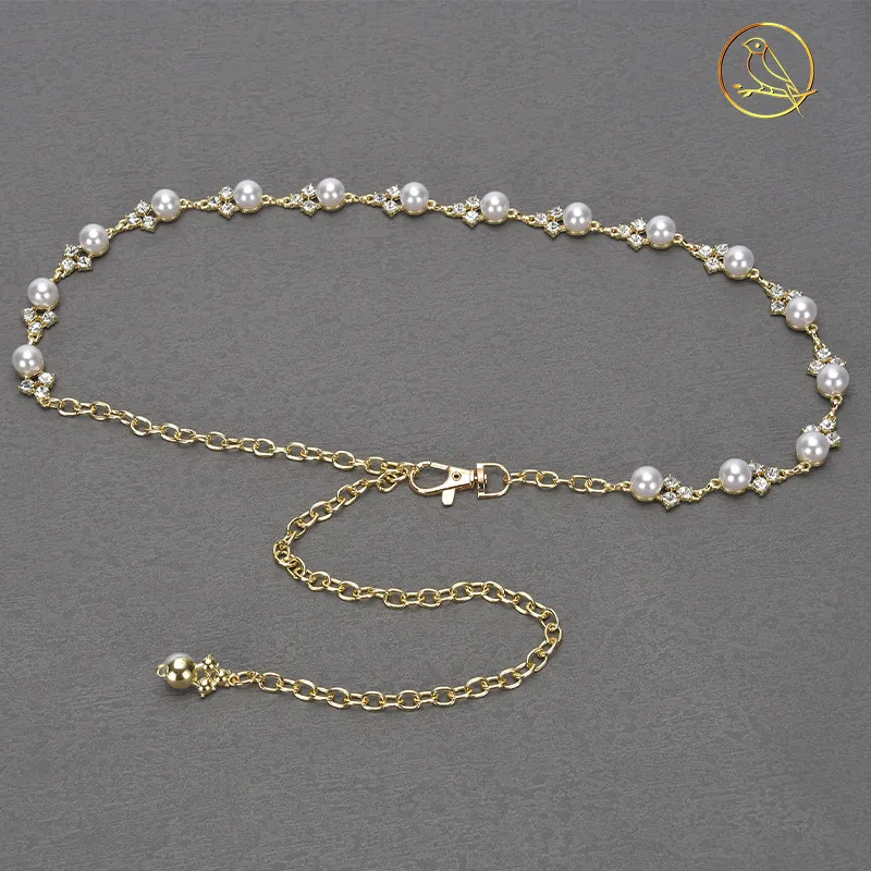Womens Metal Thin Waist Chain Belts Sweet Rhinestone Pearl  display picture 2