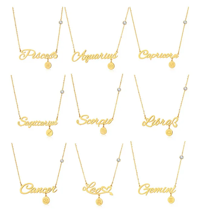 12 Zodiac Sign Necklace Stainless Steel Gold Chains Virgo Cancer Letter Pendants Charm Star Sign Necklaces for Women Choker Astrology Fine Fashion Jewelry