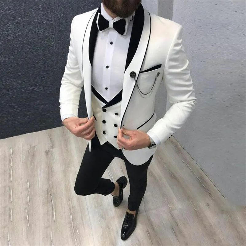 Latest White Suits For Wedding Tuxedos Groom Wear Black Peaked Lapel ...
