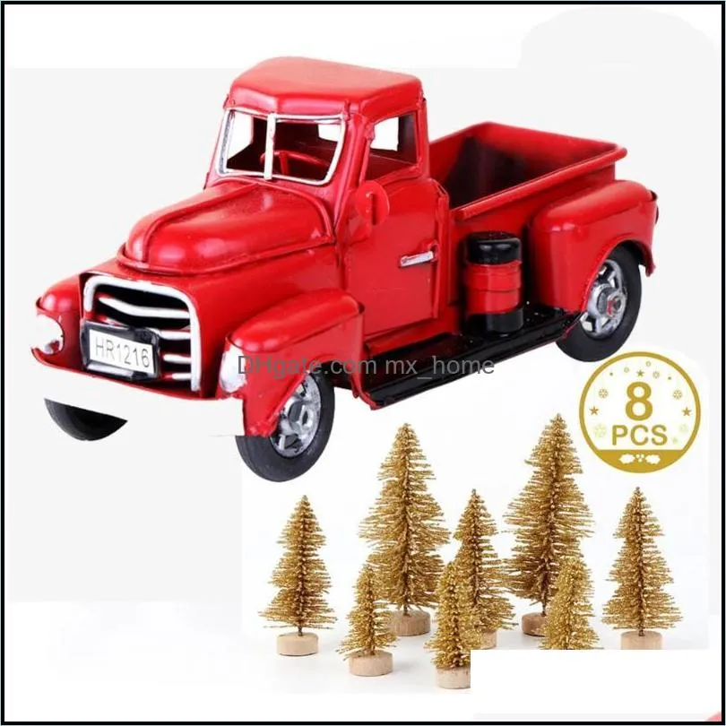 Décorations de Noël Festive Party Supplies Home Garden Red Metal Truck et Mini Fake Pine Tree Decor Car Model Merry Table Decoration NE