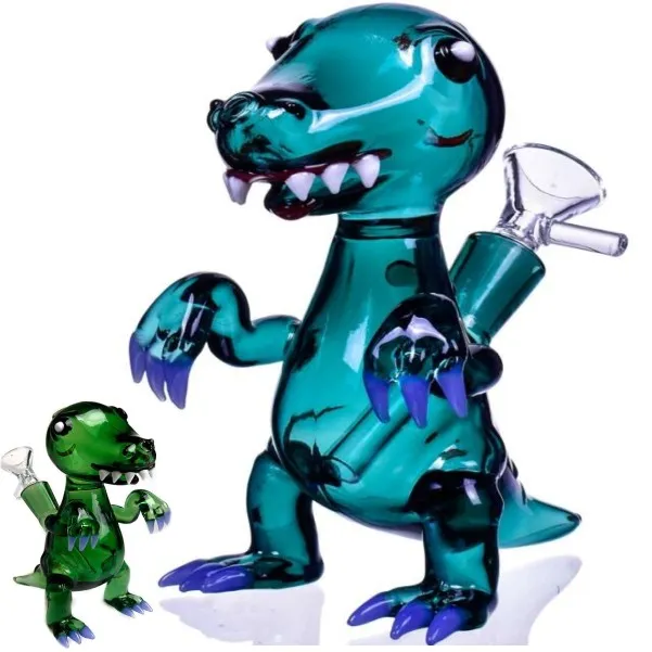 Dinossauro inebriante Bongs para fumar Haste inclinada verde Narguilé Bubbler Dab Rig Tigela transparente Junta de 14 mm Verde escuro