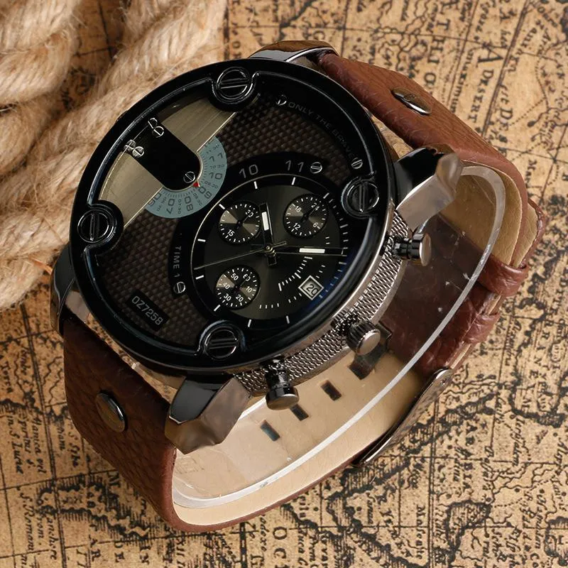 Armbandsur Mode Stort ansikte Stora klockor Män Militär Sport Läderrem Auto Date Quartz Imitation Watch OZ7258 Armbandsur