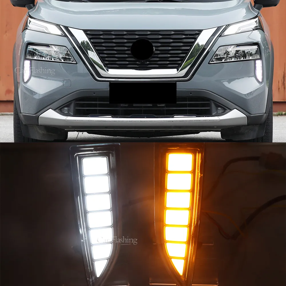 2PCS Car DRL For Nissan X-trail Xtrail 2021 2022 Dynamic Turn Yellow Signal Lamp LED Daytime Running Light Fog lamp