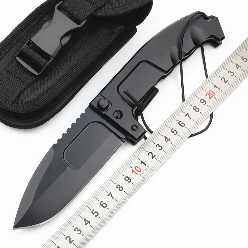 Couteau pliant tactique de survie ER de haute qualité N690 Drop Point Black Blade 6061-T6 Couteaux à manche avec sac en nylon