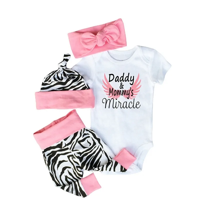 4PCS Sets born Baby girls clothes Daddy & Mommy's Miracle Bodysuit + Zebra Pants+Hat +Headband Infant Toddle Girls Outfit 220509