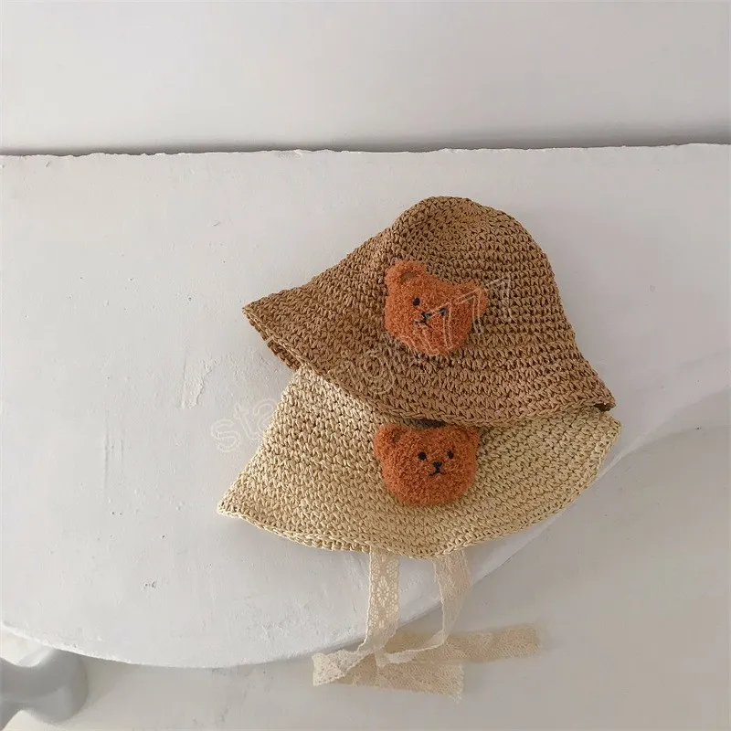 Zomer Strohoed Baby Girl Fashion Lace Bow Beach Kinderen Panama Princess Hat Kids Bear Cartoon Doll Cap