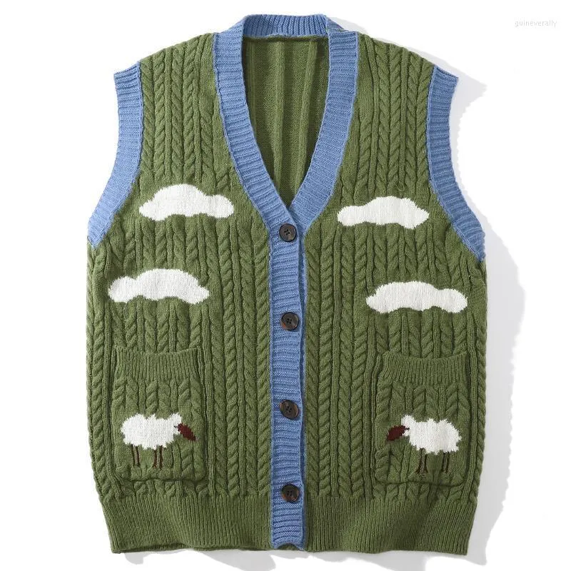 Mäns västar Lacible Streetwear Harajuku Vintage Cloud Pattern Sleeveless Cardigan tröja Vest Loose Autumn V-Neck Knapp Sticked Tops Guin2