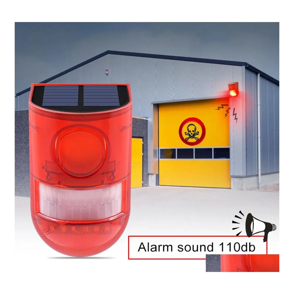 Solar Wall Lights Alarm Lamp 110Db Warning Sound 6Led Red Light Ip65 Waterproof Motion Sensor Caution For Warehouse Secret Place Dro Dhccn