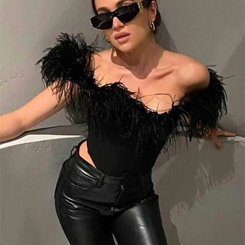 JacuqeLine Sexy Off Shoulder Y2K Feathers Corset Top Women Summer Sleeveless Elegant Lady Camis Tube Crop Club Party 220316