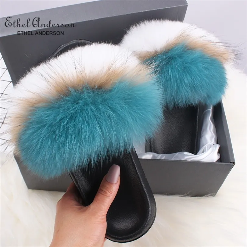 Ethel Anderson Genuine Hair Slippers 레이디 플립 플롭 슬라이드 여름 해변 모피 슬라이드 샌들 플러스 신발 여자 T200106