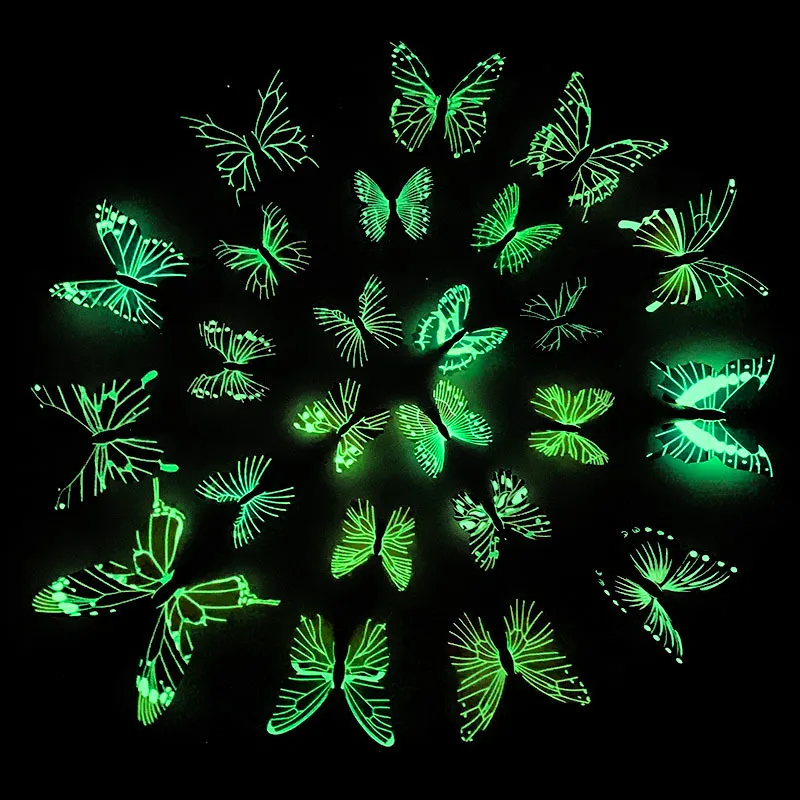 12pcs Lot Luminous Butterfly 3D Wall 스티커 화려한 나비 빛나는 데칼 스티커 DIY 침실 거실 홈 장식 220716