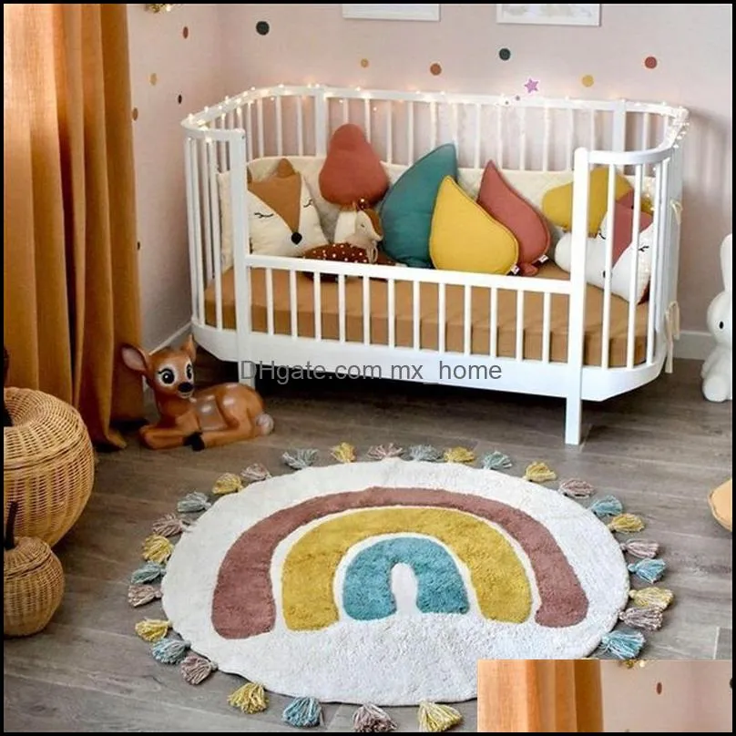 Rainbow Tassel Rugs Kids Room Floor Carpet Thick Girl Boy Room Rugs Anti-Slip Mat Bedroom Bedside Children Game Crawling Mat 220329