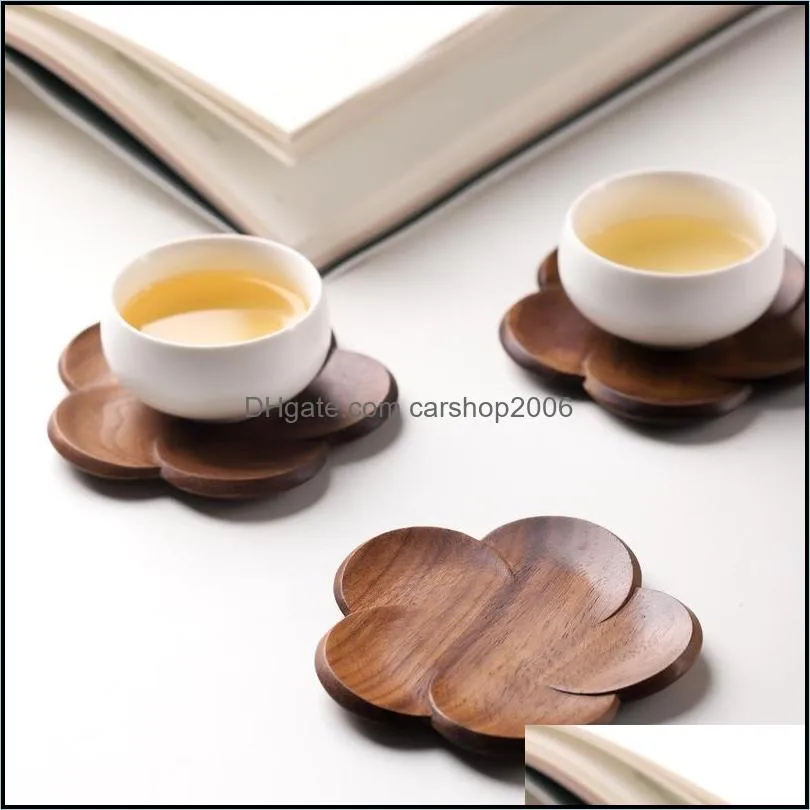 NEWHome Black walnut coasters Office coffee insulating solid wood creative petal cushion cup wood insulating coasters RRD8934
