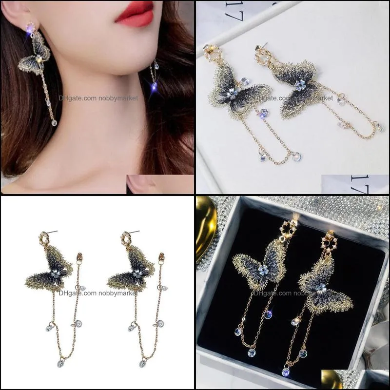 Dangle & Chandelier Korean Fairy Butterfly Long Earrings For Women Girl Ear Adornment Alloy Circle Rhinestone Tassel Handmade Jewelry