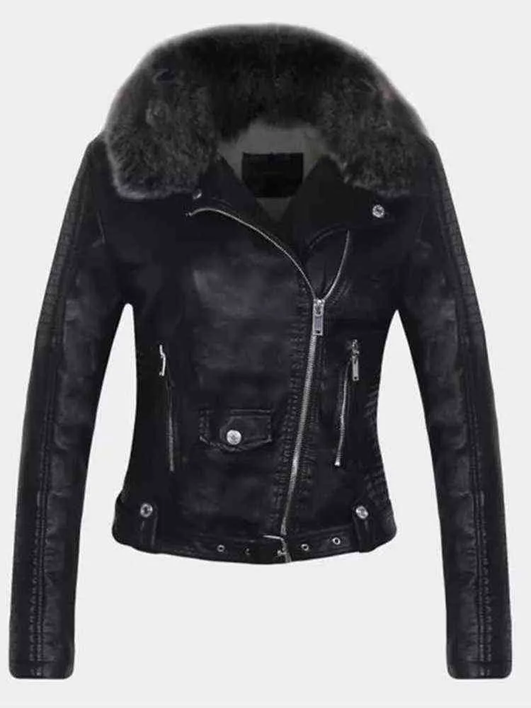 FTLZZ New Women Winter Faux Leather Jacket Warm Large Fur Collar Lady Motorcycle Pu Faux Soft Leather White Black Pink Coat L220728