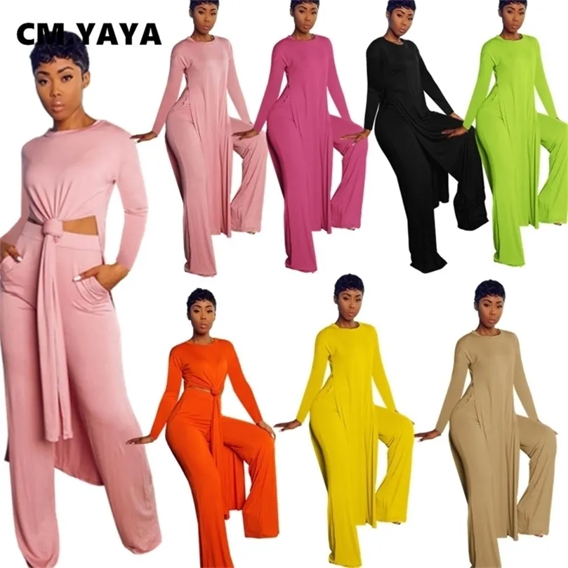 CMYAYA Classic Women's Set с длинным рукавом высокая щель X-Long Top Top Straight Pant Set Set Track Coolting Fitnes