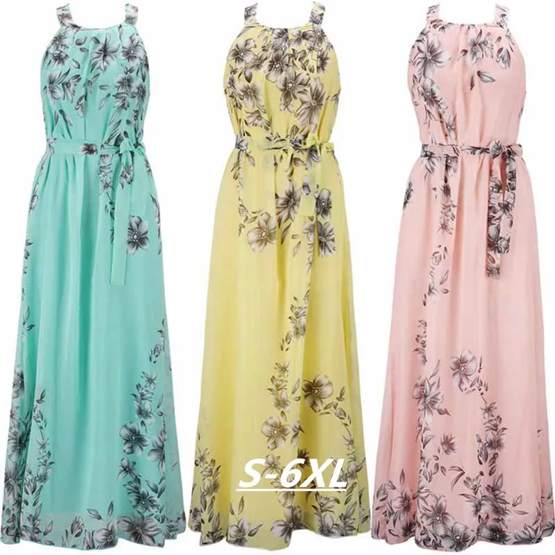 Plus la taille S 6XL été femmes robes longues plage imprimé floral en mousseline de soie Boho Maxi robe avec ceintures fronde sans manches femme 220527