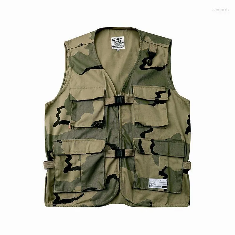 Japanese Retro Camouflage Multi Pocket Vest For Men And Women Loose Fit Single Breasted