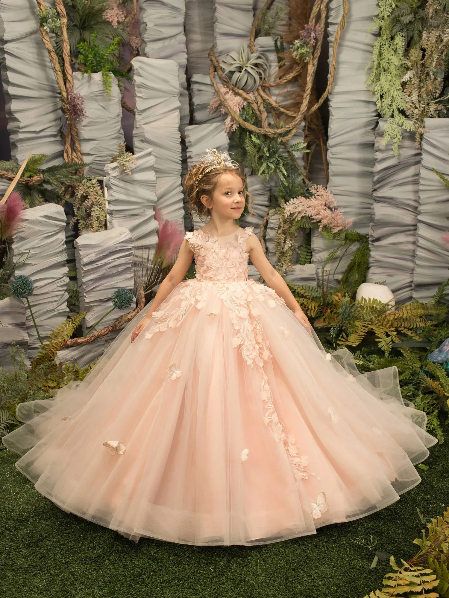 Flower Girl Dresses For Weddings Sleeveless Tulle Party Dress For Kids Girl Lace Appliques Princess Ball Gown Pageant MC2300