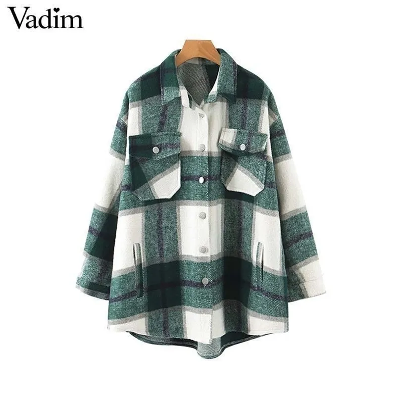 women plaid oversized jacket checkered pockets loose style long sleeve coat female outwear warm causal tops T200212