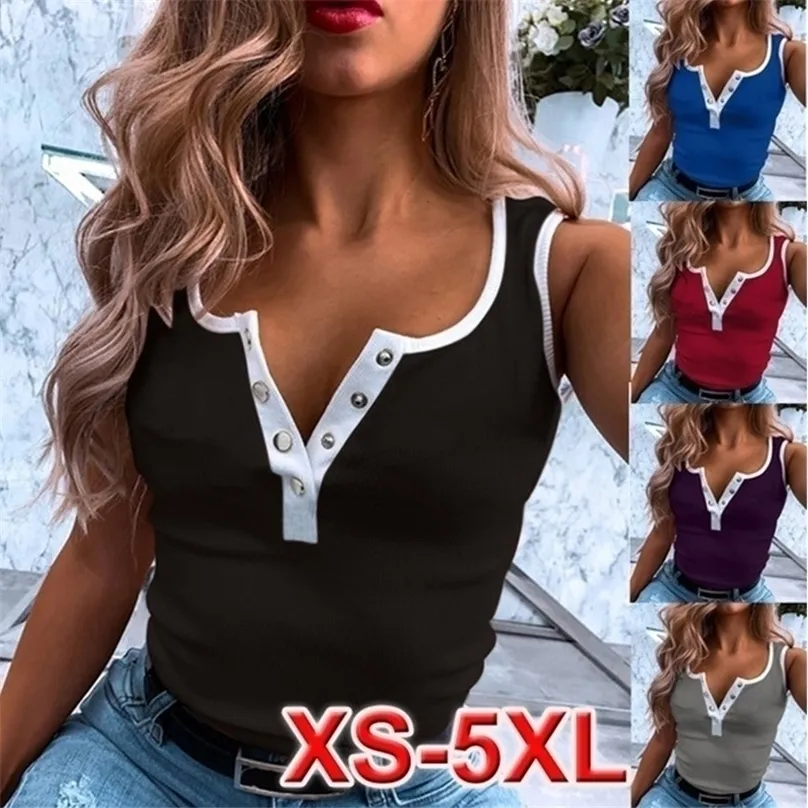 Verano Mujeres Botón medio abierto Punto Tank Tops con cuello en V Sin mangas Slim Splice Oversize S-5XL Mujer Street Vest Shirt Tee 220318
